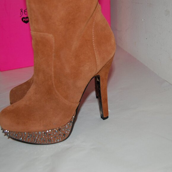 7.5❤️Betsey Johnson Suede Oiled Leather Over the Knee High Heels Platform BOOTS - Picture 4 of 12